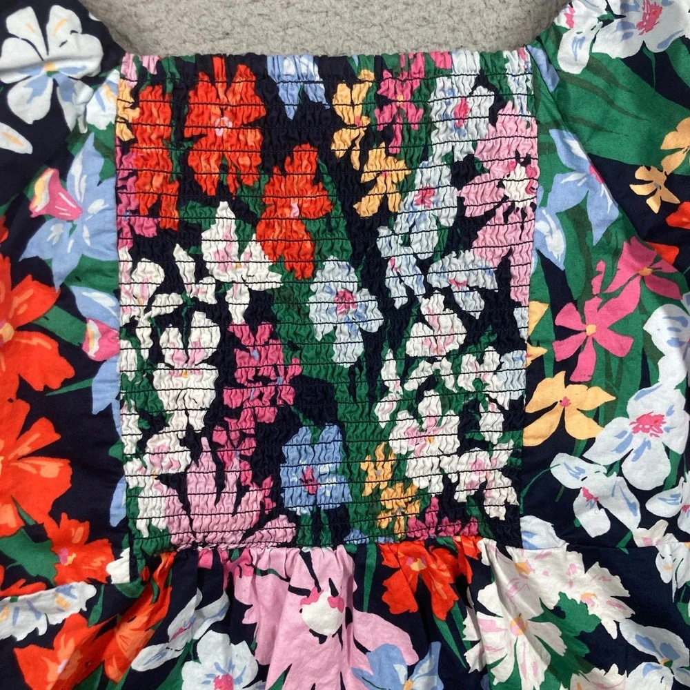 Old Navy Trapeze Top Womens Large Navy Black Floral Smocked Puff Sleeve Blouse